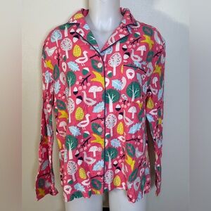 BODEN Large US12 UK16 Pajama Shirt 100% Cotton Twill Pink Trees Forest Top Birds